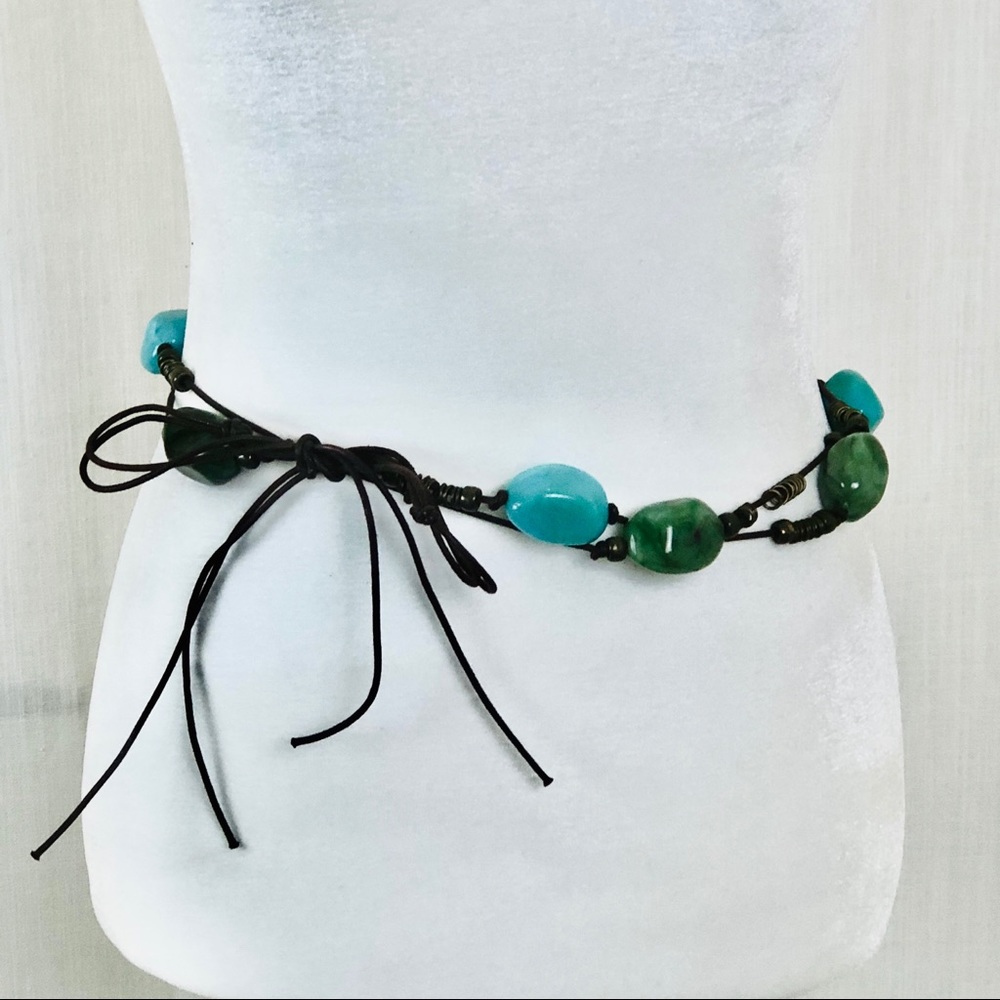 Turquoise and Green Stone Double Leather Belt - Picture 2 of 4